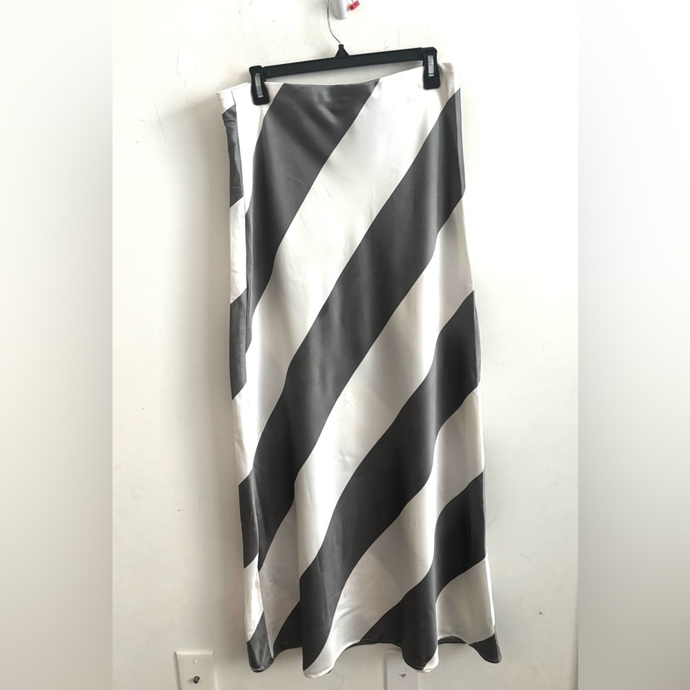Life Maxi Skirt Slip Pull On High Waist A-Line White Grey XL Office stripe